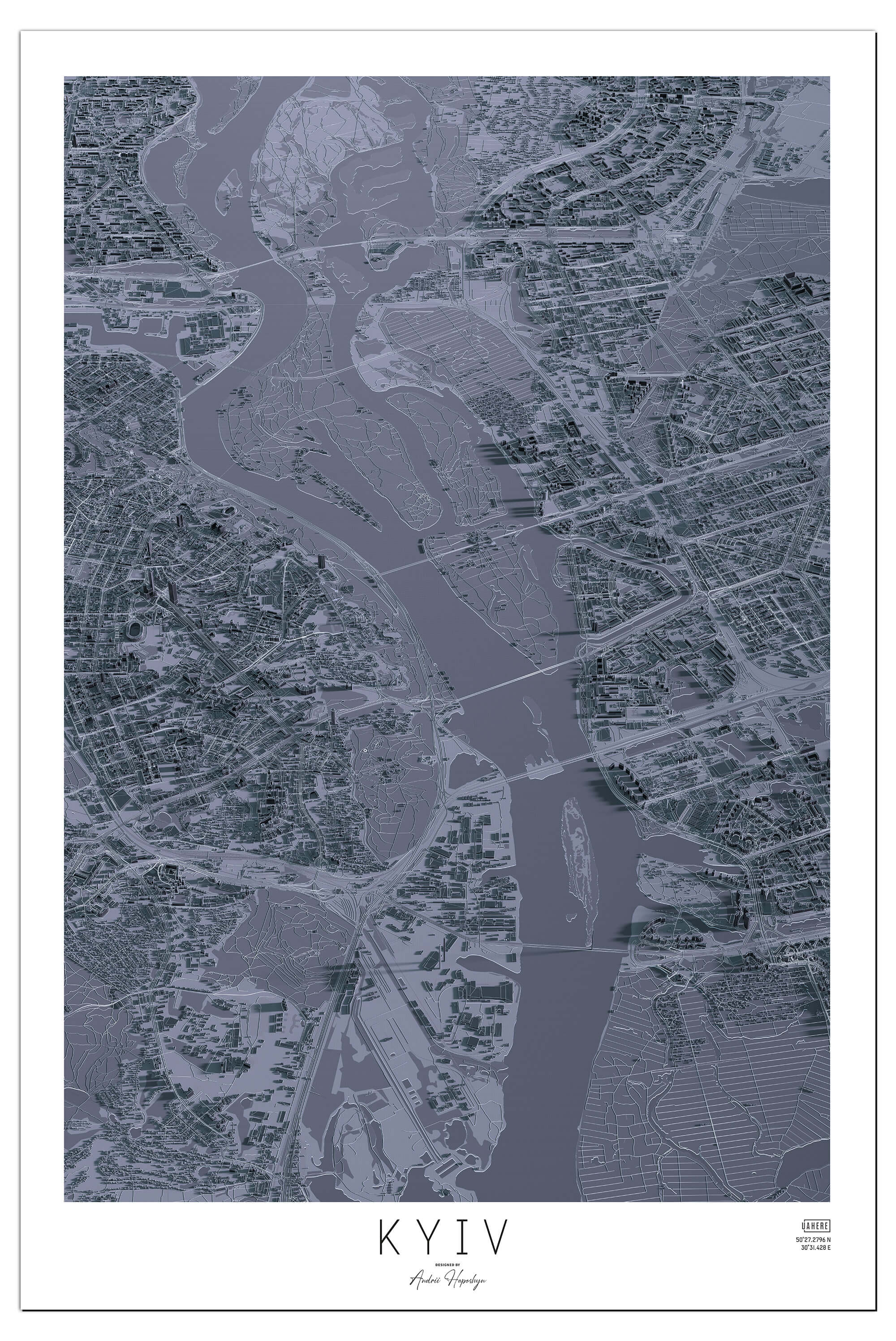 Стилізована графітова Арт мапа Києва у вигляді постера, картини