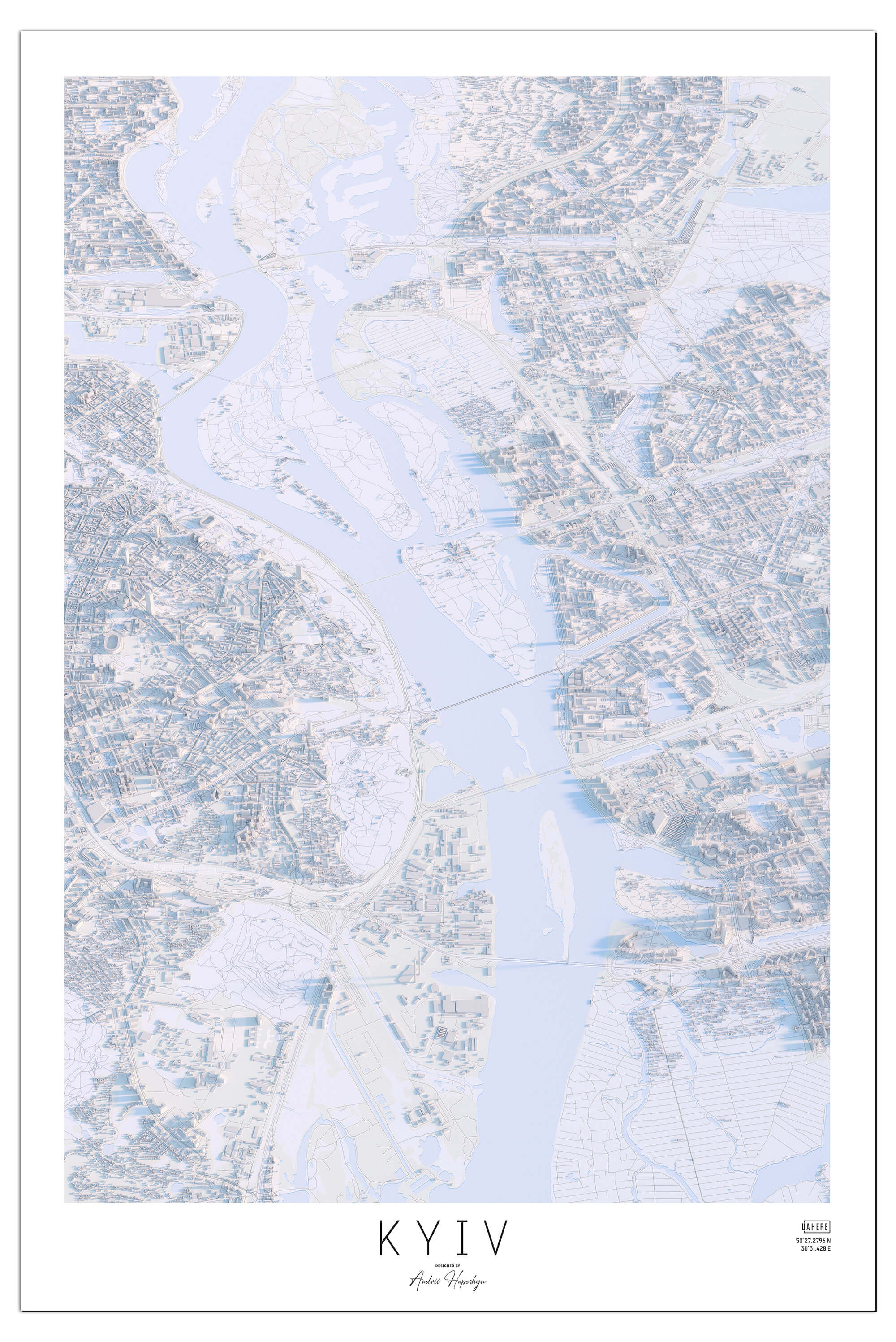 Стилізована біла Арт мапа Києва у вигляді постера, картини