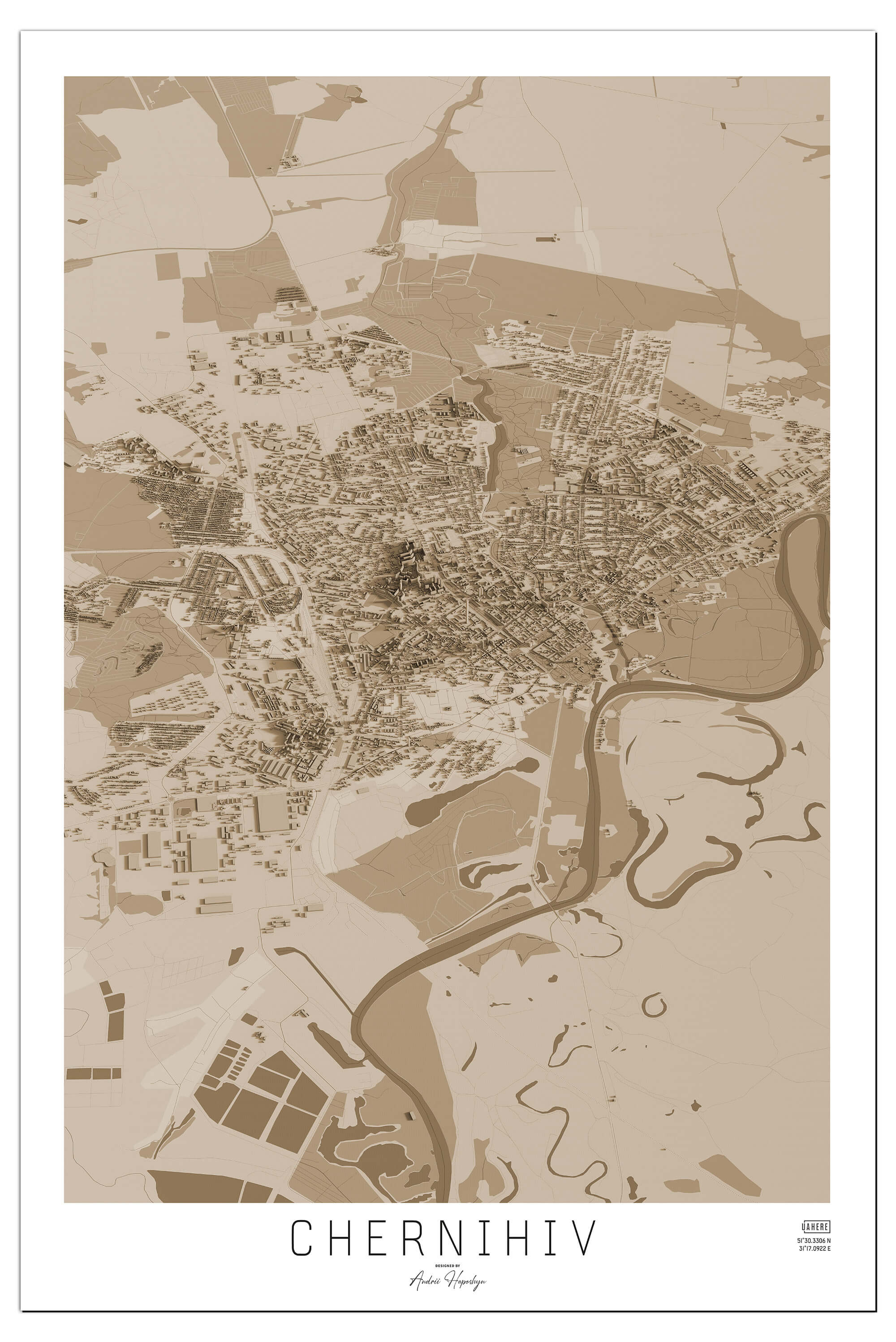 Вінтажна Арт мапа Чергнігова у вигляді постера, картини в стилі сепія