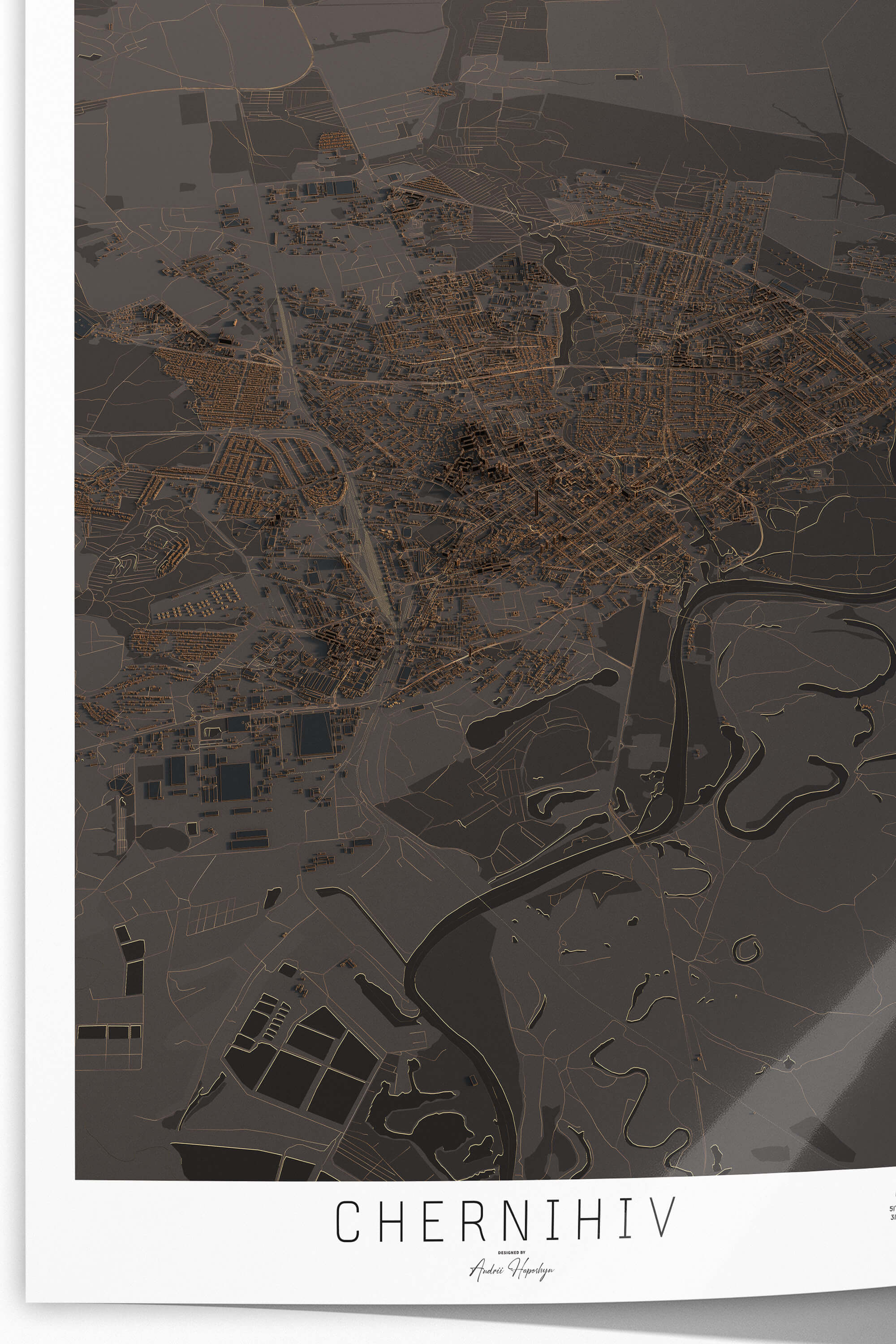 Якісно надрукована темна та стильна 3д мапа постер Чернігова 
