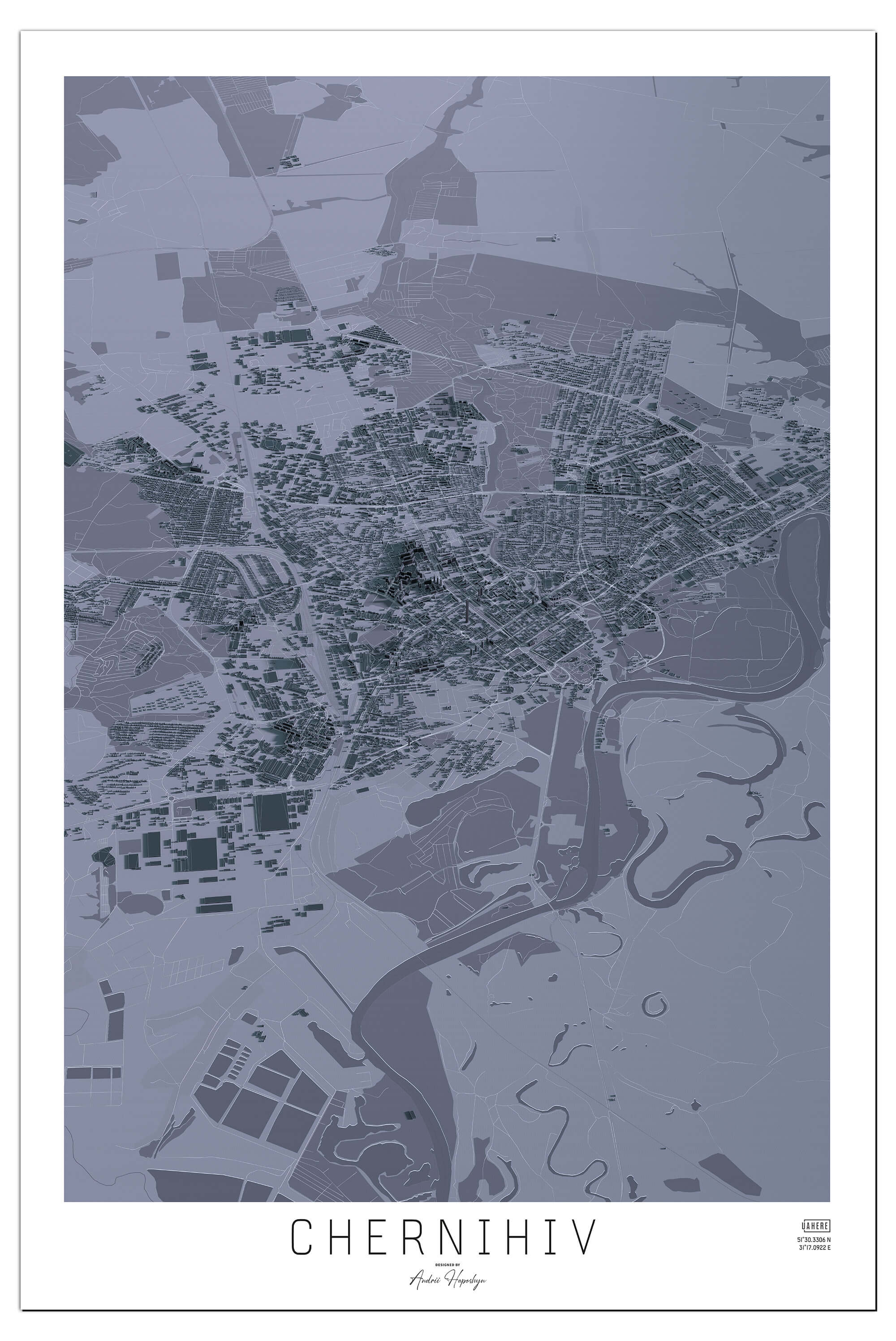 Стилізована графітова Арт мапа Чергнігова у вигляді постера, картини  