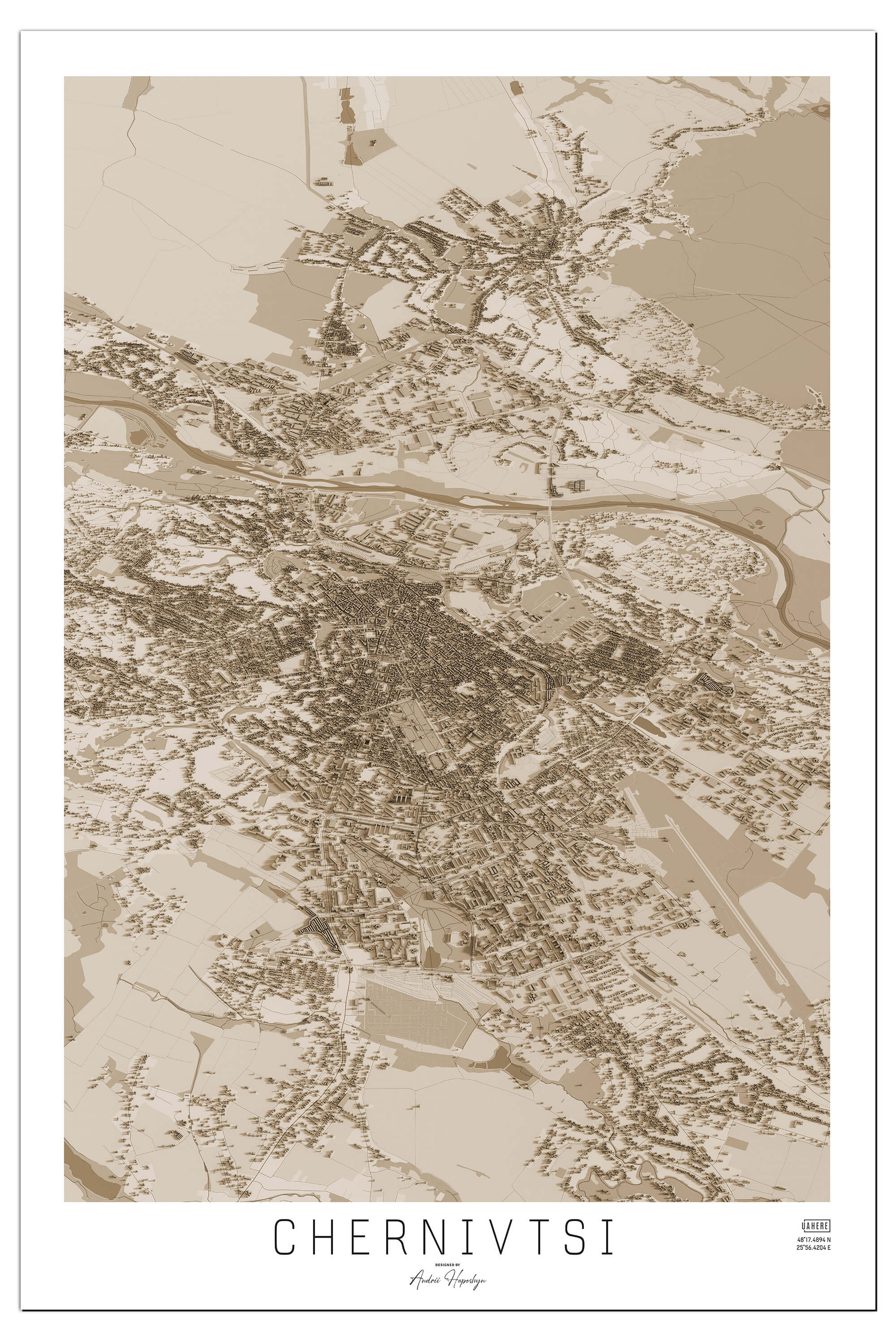 Вінтажна Арт мапа Чернівців у вигляді постера, картини в стилі сепія