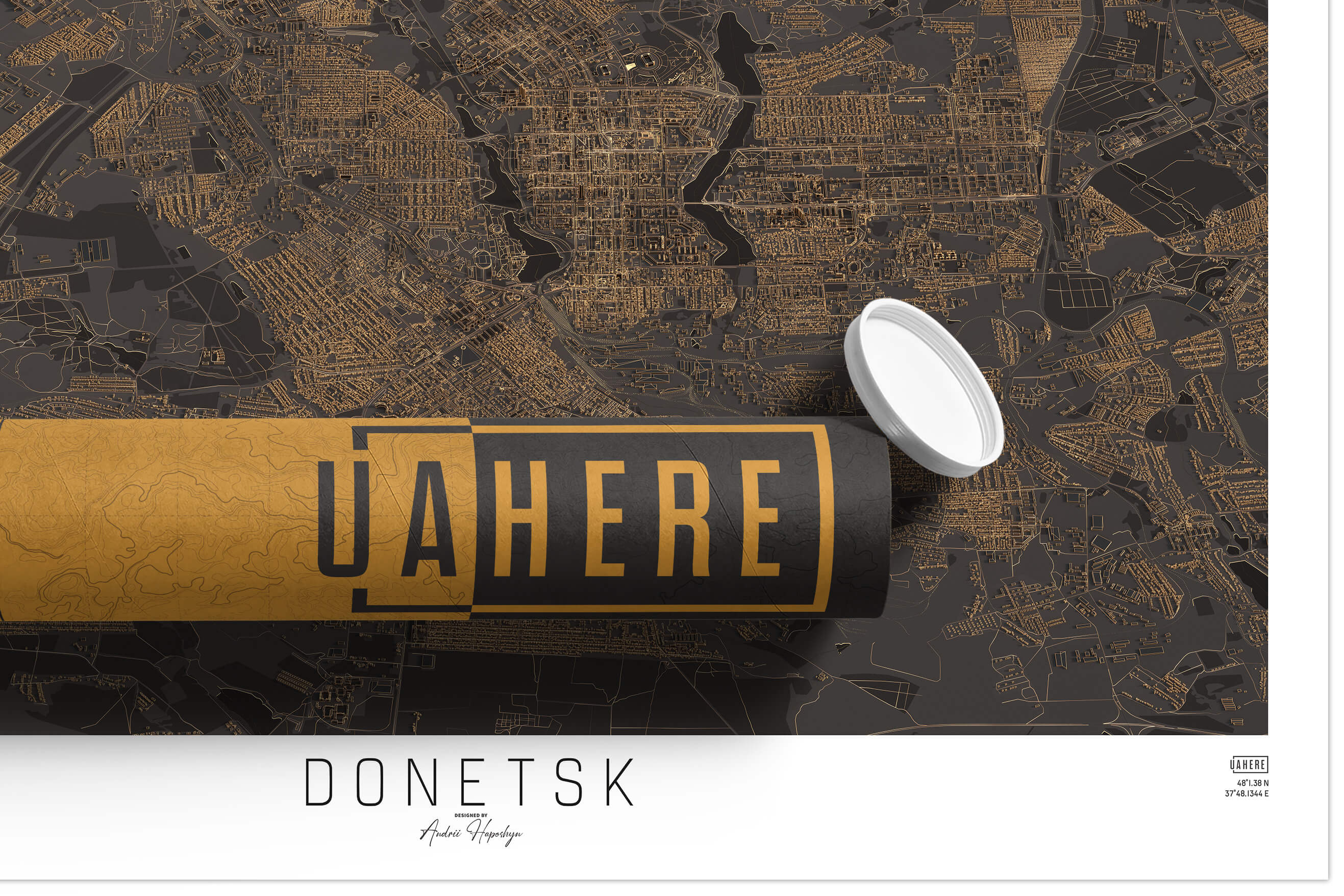 Брендований тубус UAHERE та надрукована стільна темна 3д мапа Донецьку