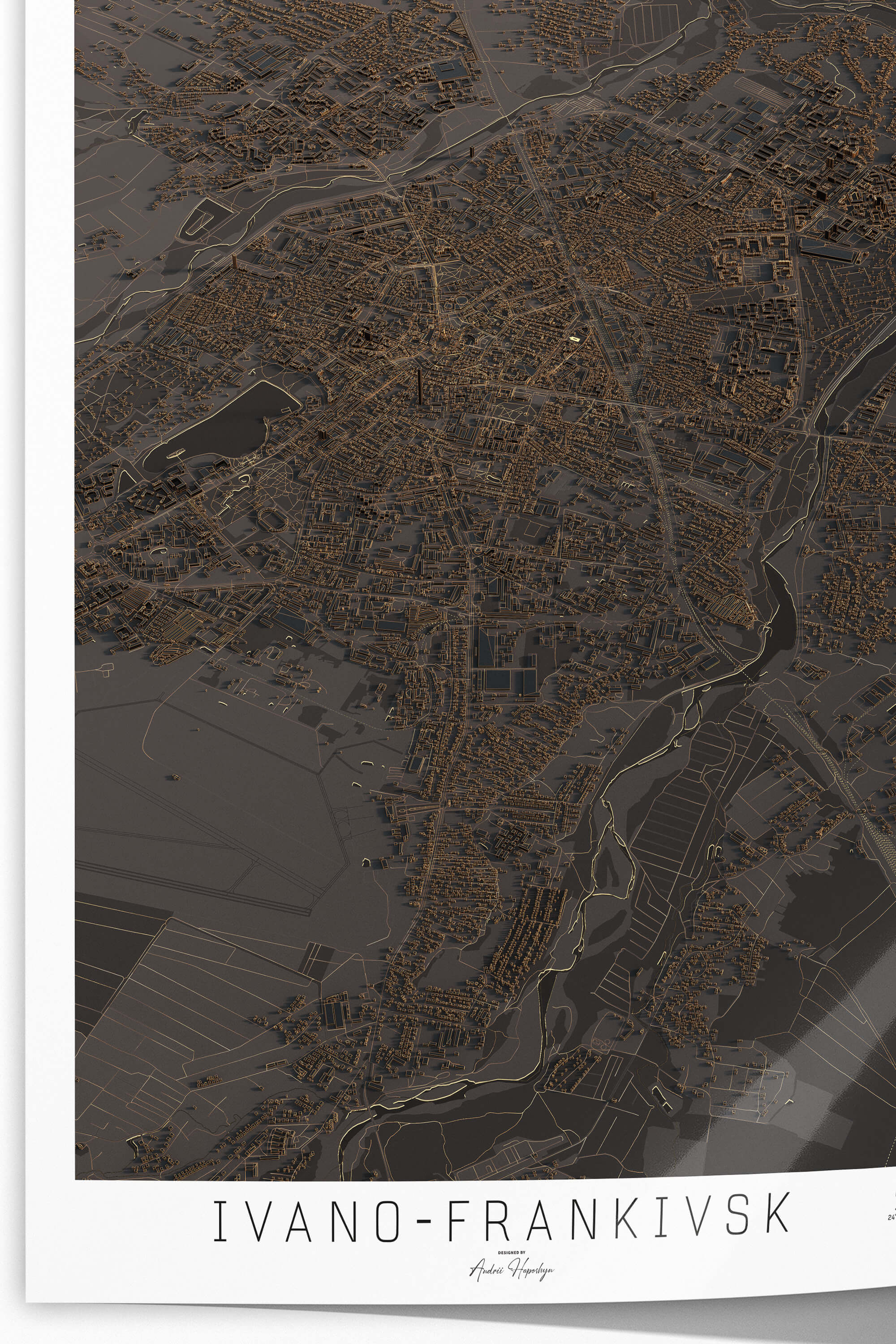 Якісно надрукована темна та стильна 3д мапа постер Івано-Франківську 