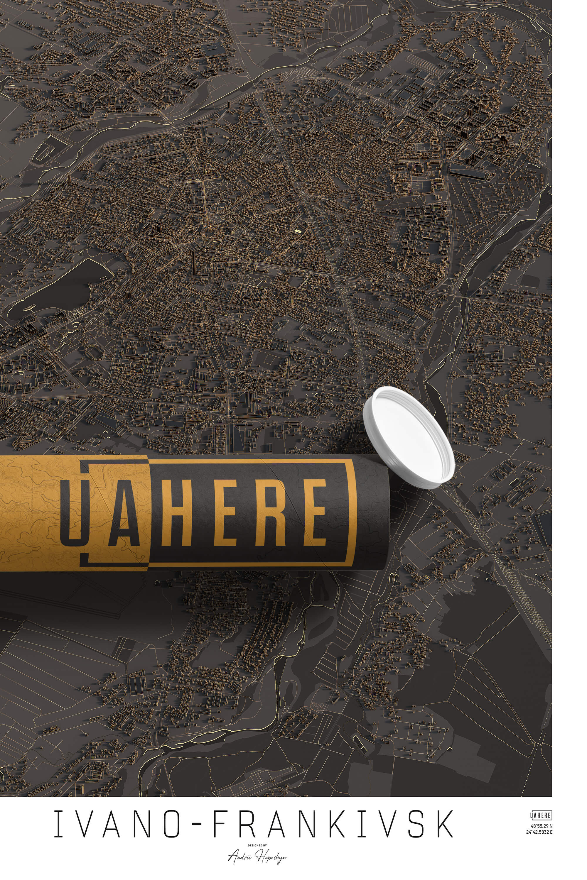 Брендований тубус UAHERE та надрукована стільна темна 3д мапа Івано-Франківську