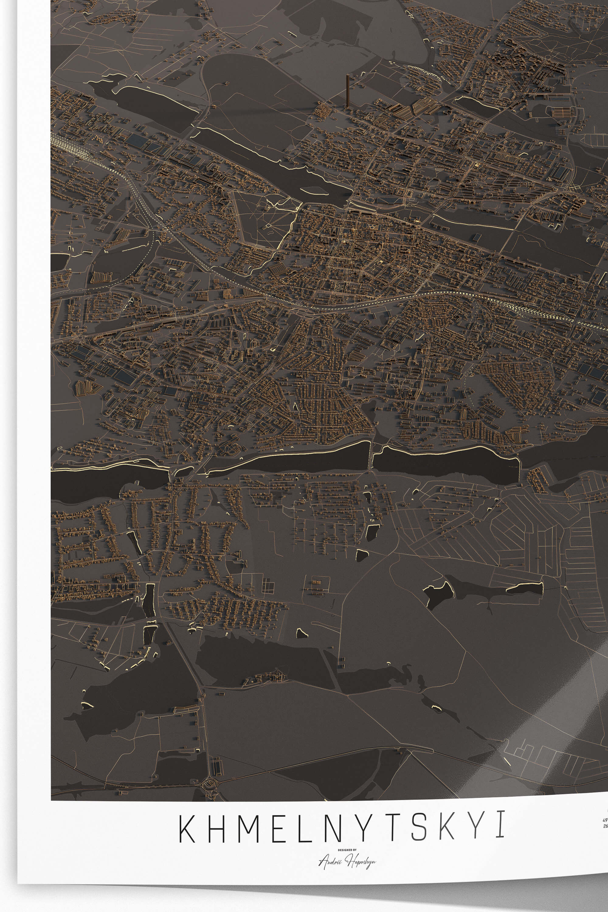 Якісно надрукована темна та стильна 3д мапа постер Хмельницького