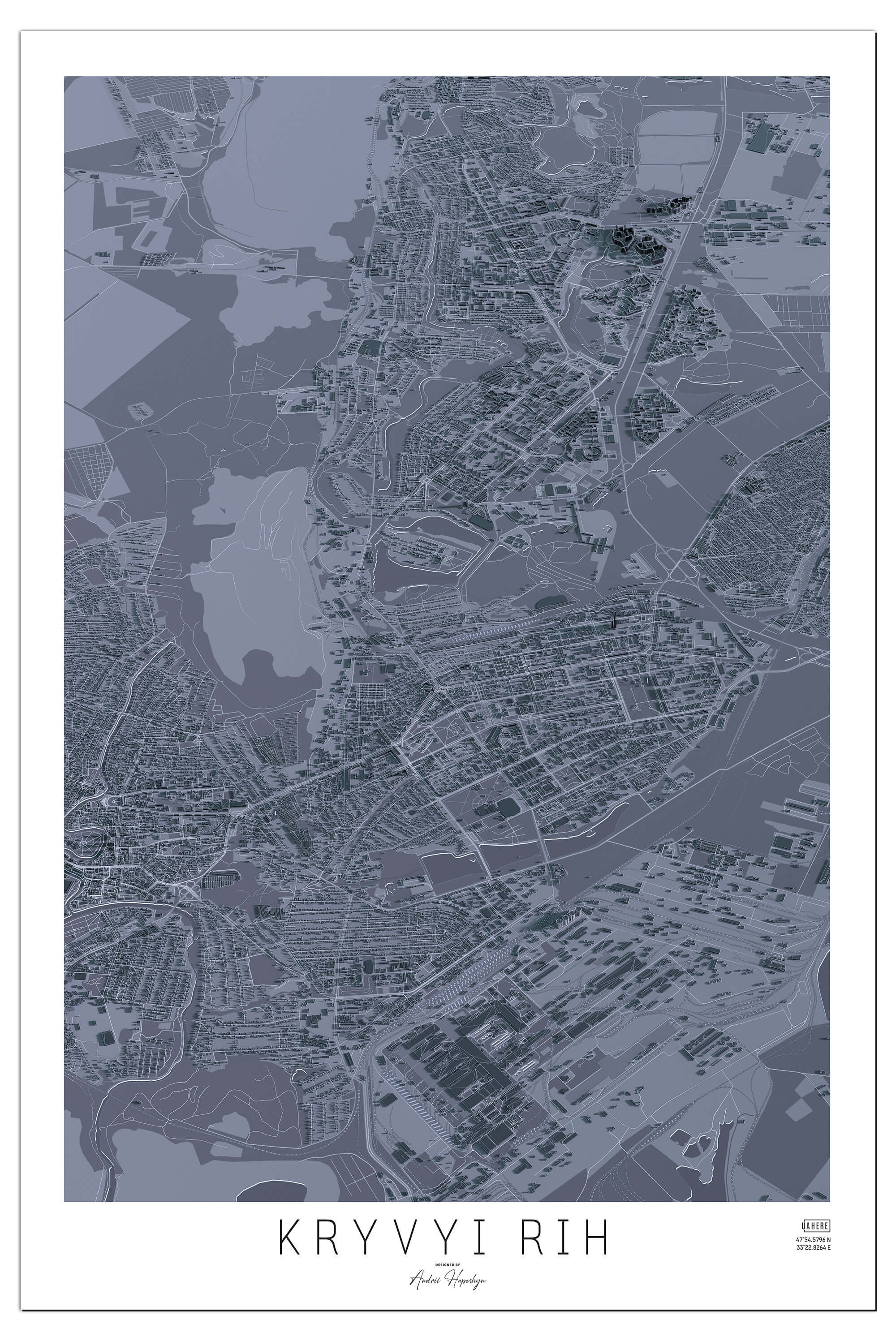 Стилізована графітова Арт мапа міста Кривий Ріг у вигляді постера, картини  