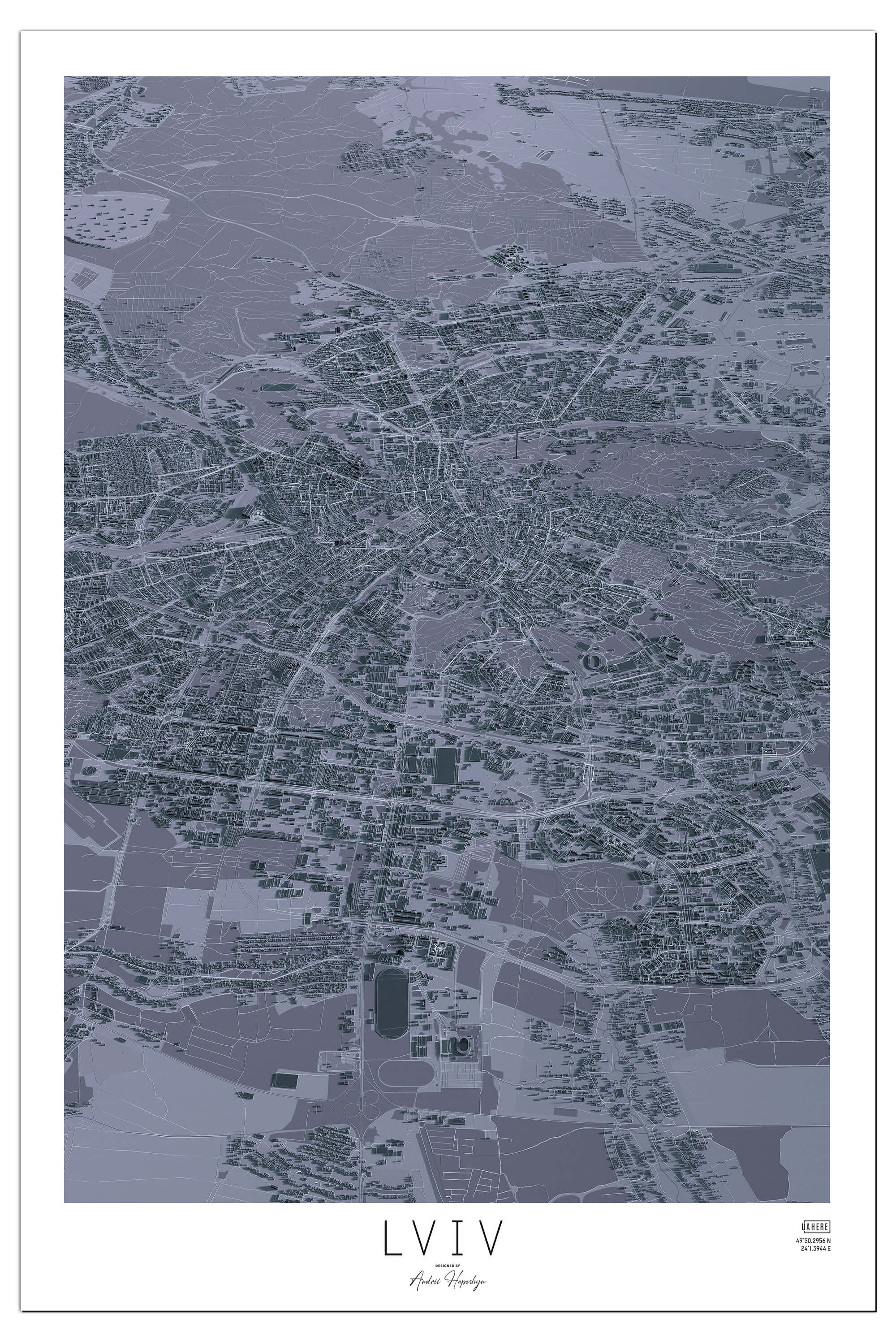 Стилізована графітова Арт мапа міста Львів у вигляді постера, картини  