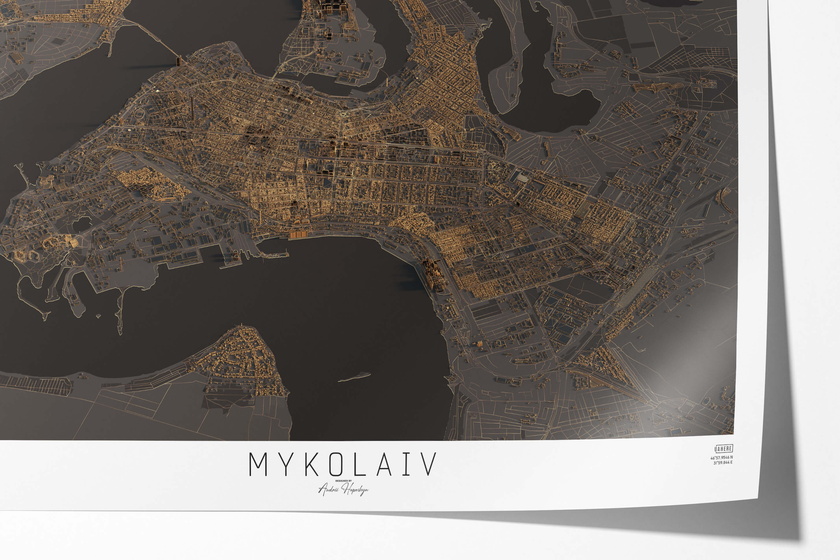 Якісно надрукована темна та стильна 3д мапа постер Миколаєва 