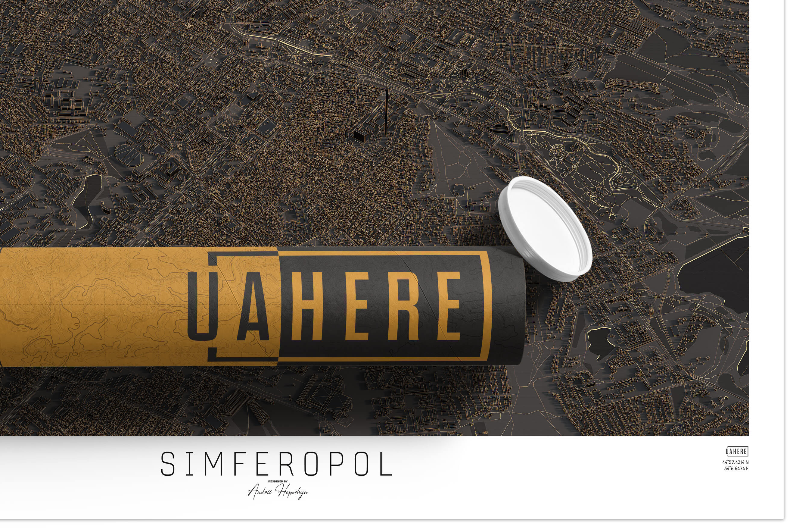 Брендований тубус UAHERE та надрукована стільна темна 3д мапа Сімферополю