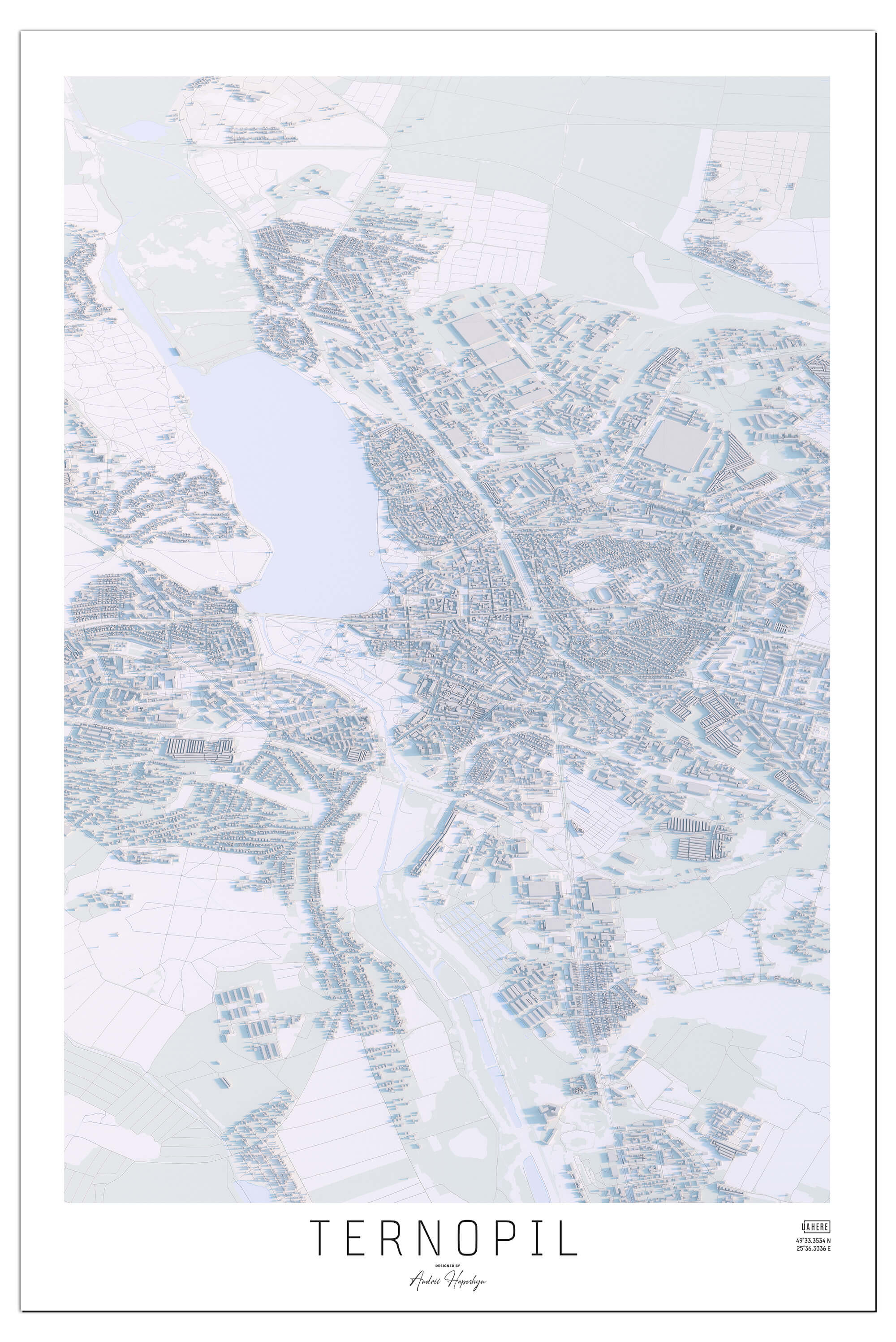 Ніжна Арт мапа Тернополя у вигляді постера, картини в світлому стилі