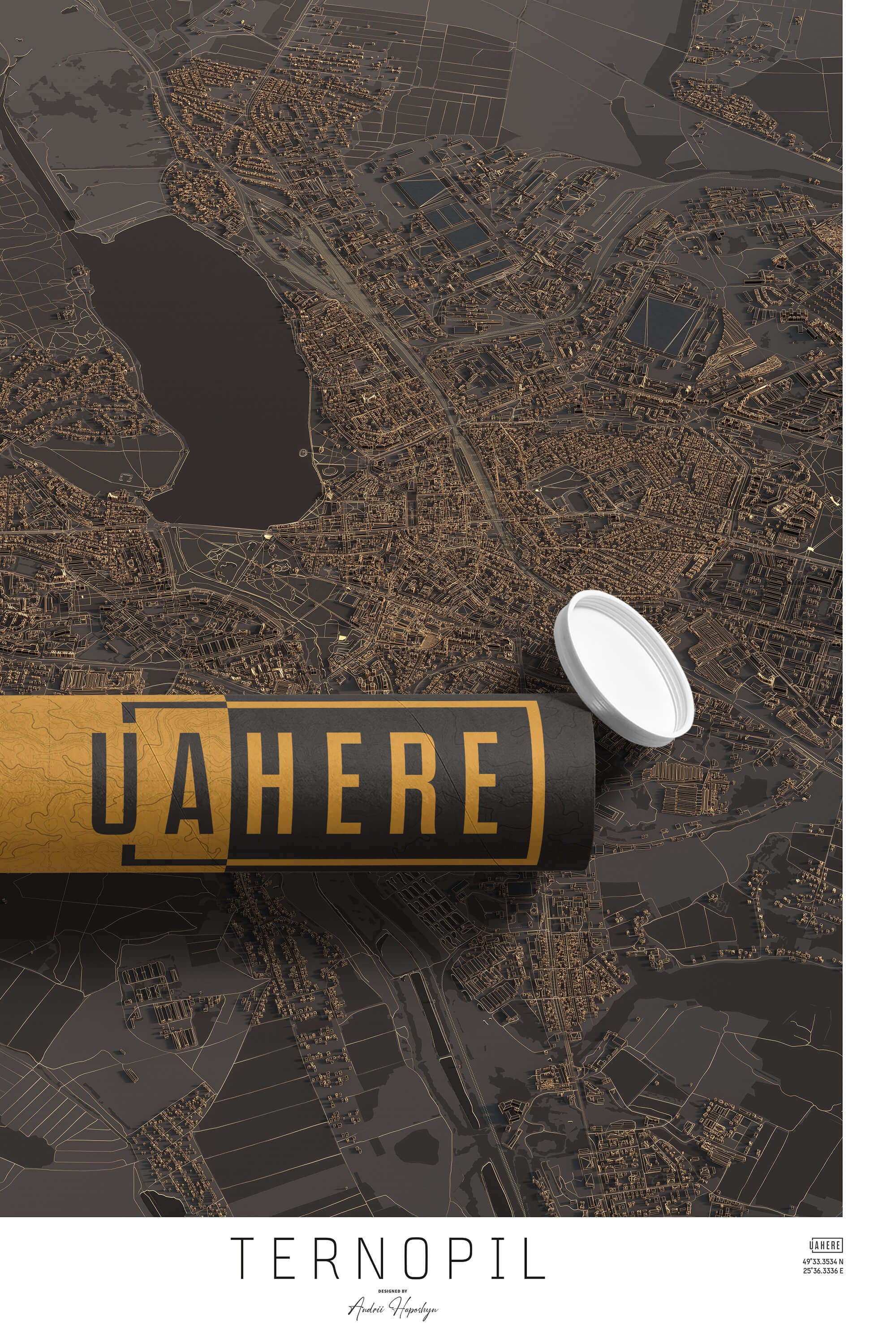 Брендований тубус UAHERE та надрукована стільна темна 3д мапа Тернополя