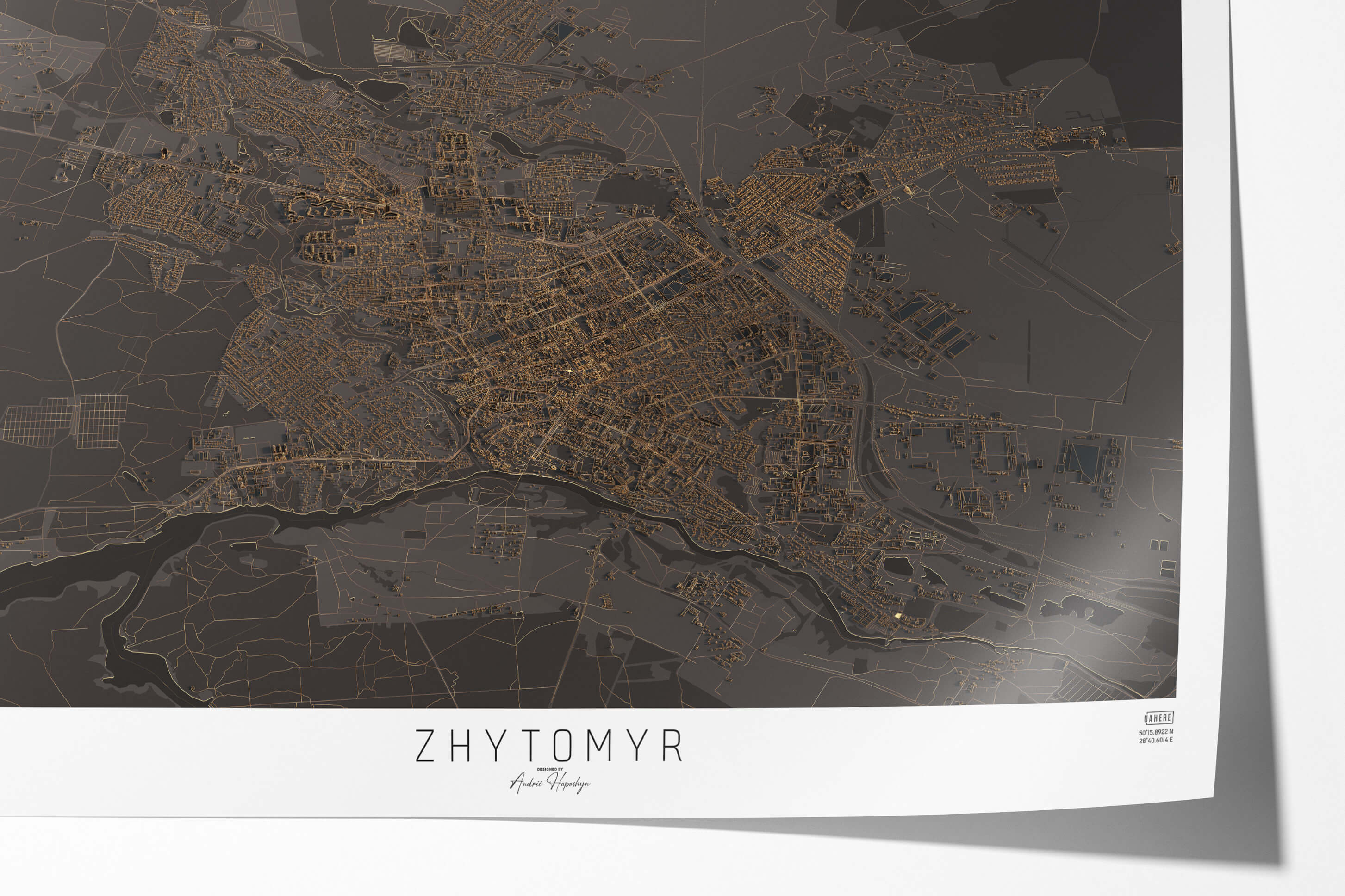 Якісно надрукована темна та стильна 3д мапа постер Житомиру