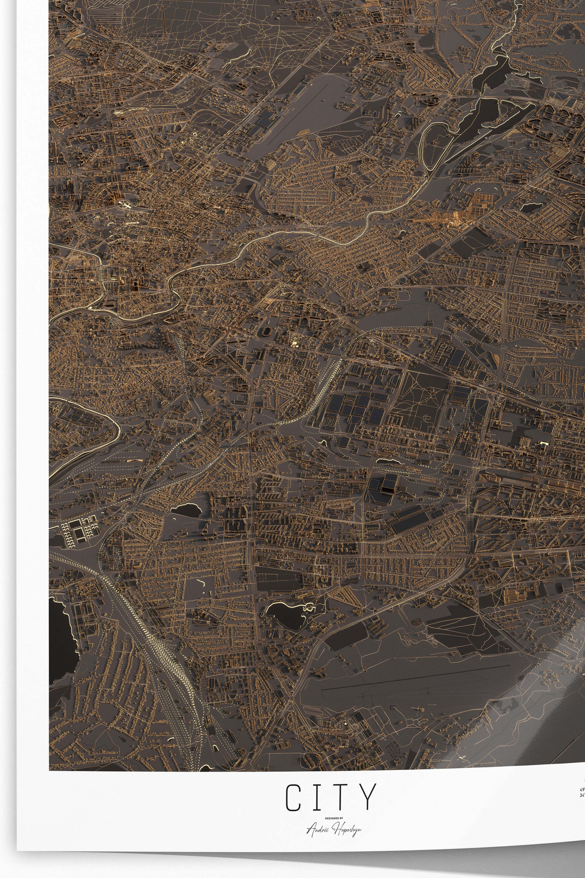 Якісно надрукована темна та стильна 3д мапа постер міста 